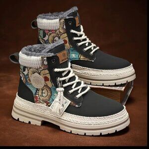 1pair MAINALUN Men'S Winter High-Top Snow Boots, Trendy Denim Outdoor Style, Car